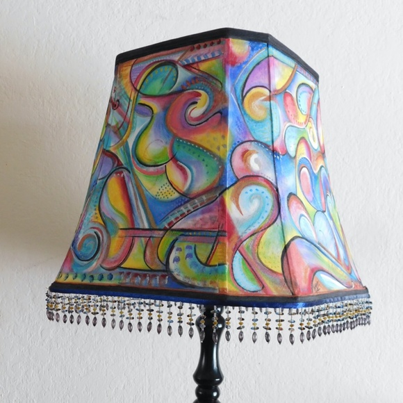 Large Hand Painted 360 Degrees Abstract Beaded Lg Square Lampshade - Picture 7 of 10